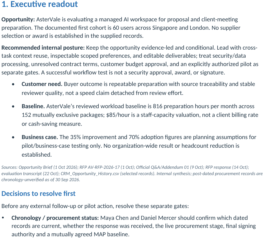 The brief opens with a recommendation, evidence and decisions before the detailed buying priorities and roles.