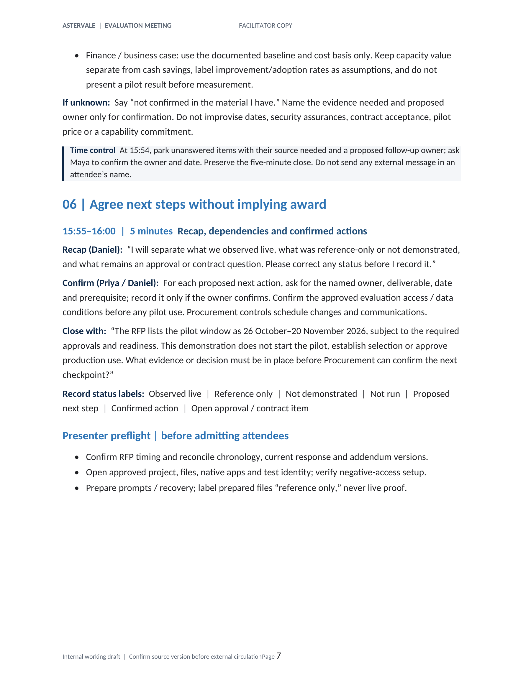 PAGE 7 · Acceptance cues & presenter preflight
