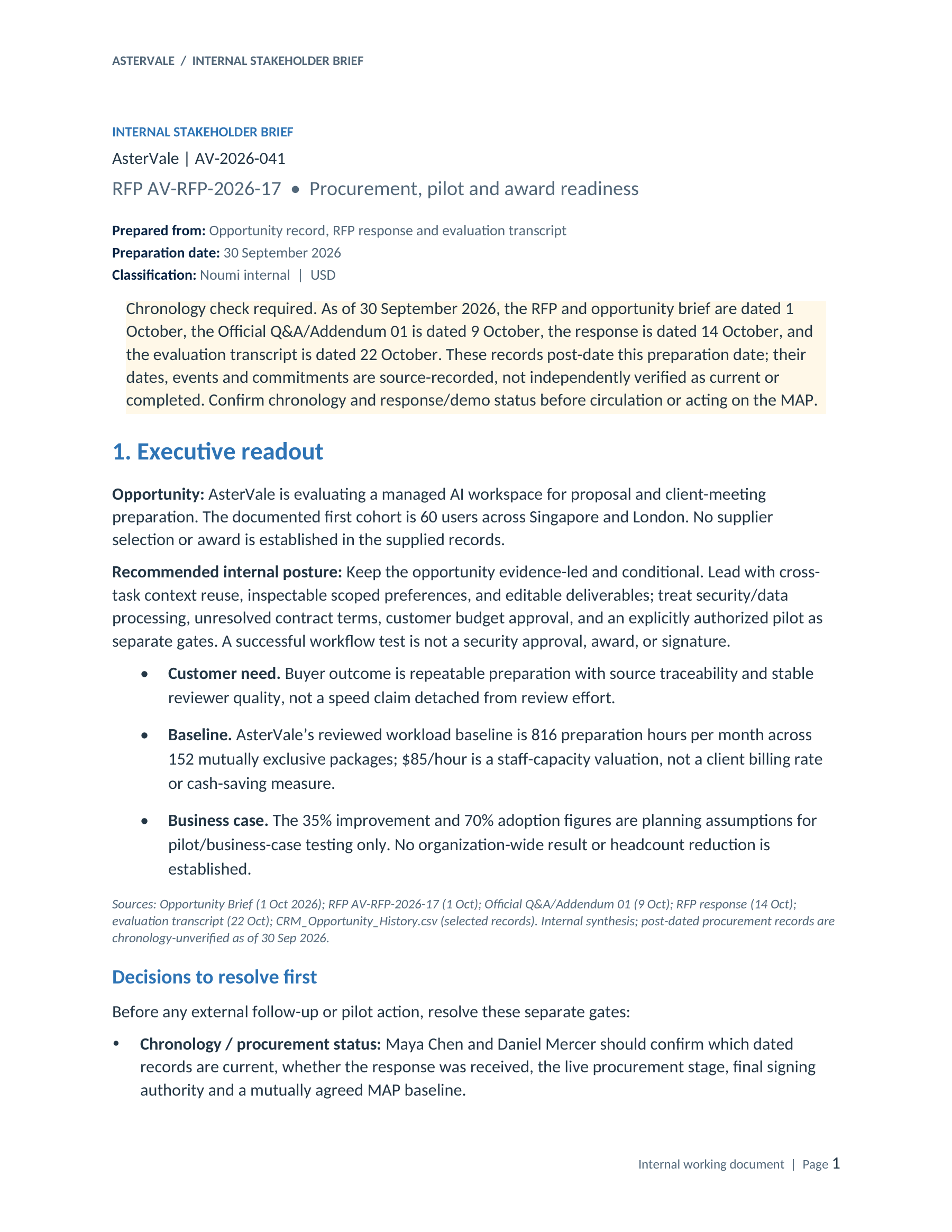 PAGE 1 · Executive readout & decisions