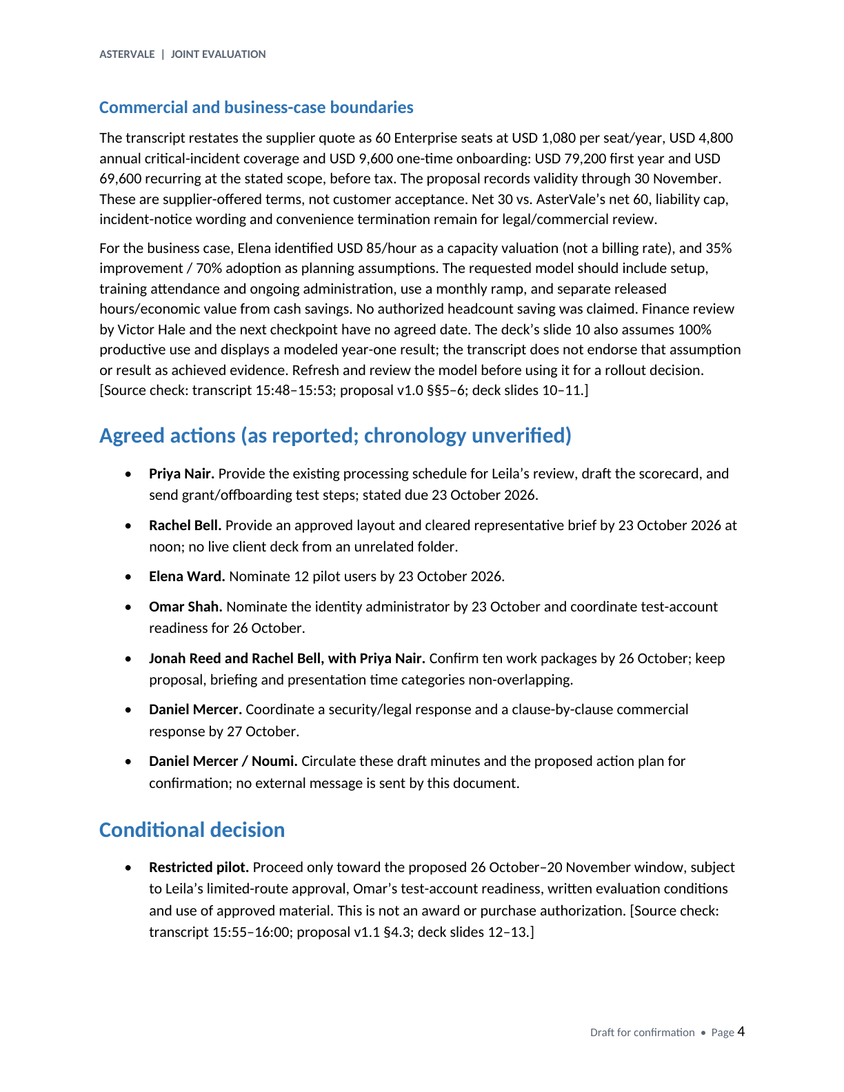 PAGE 4 · Reported actions & conditional pilot